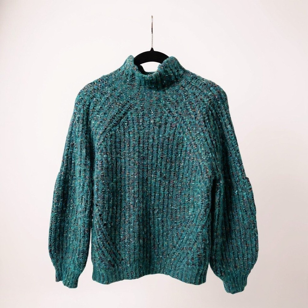 Lush Green Speckled Knit Mock Neck Raglan Lantern Sleeve Sweater Small